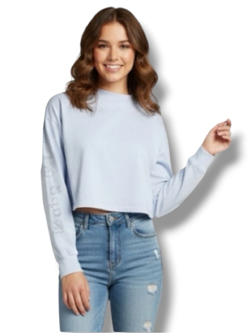 Forever 21 Top Pastel Blue Rhinestone "Baby Girl" Mock Neck Crop Size Small 🍭